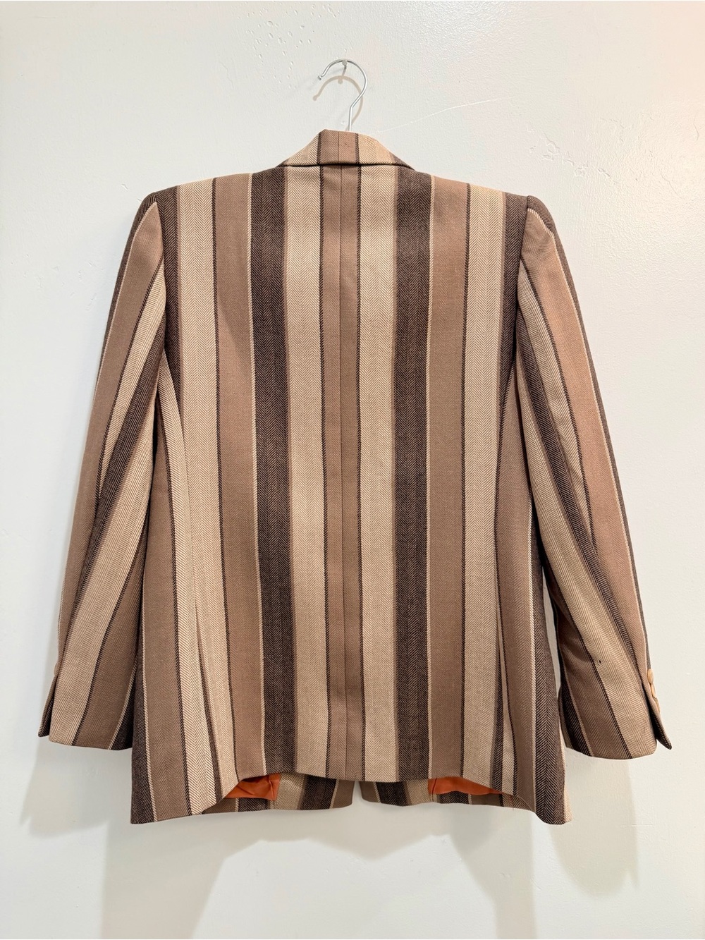 Vintage 90s Stirling Cooper London NY 100% Wool Striped Herringbone Blazer Brown - Picture 9 of 13